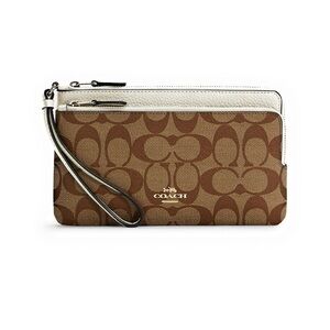 Coach Women's Double Zip Wallet in Signature Canvas (Khaki / Chalk)